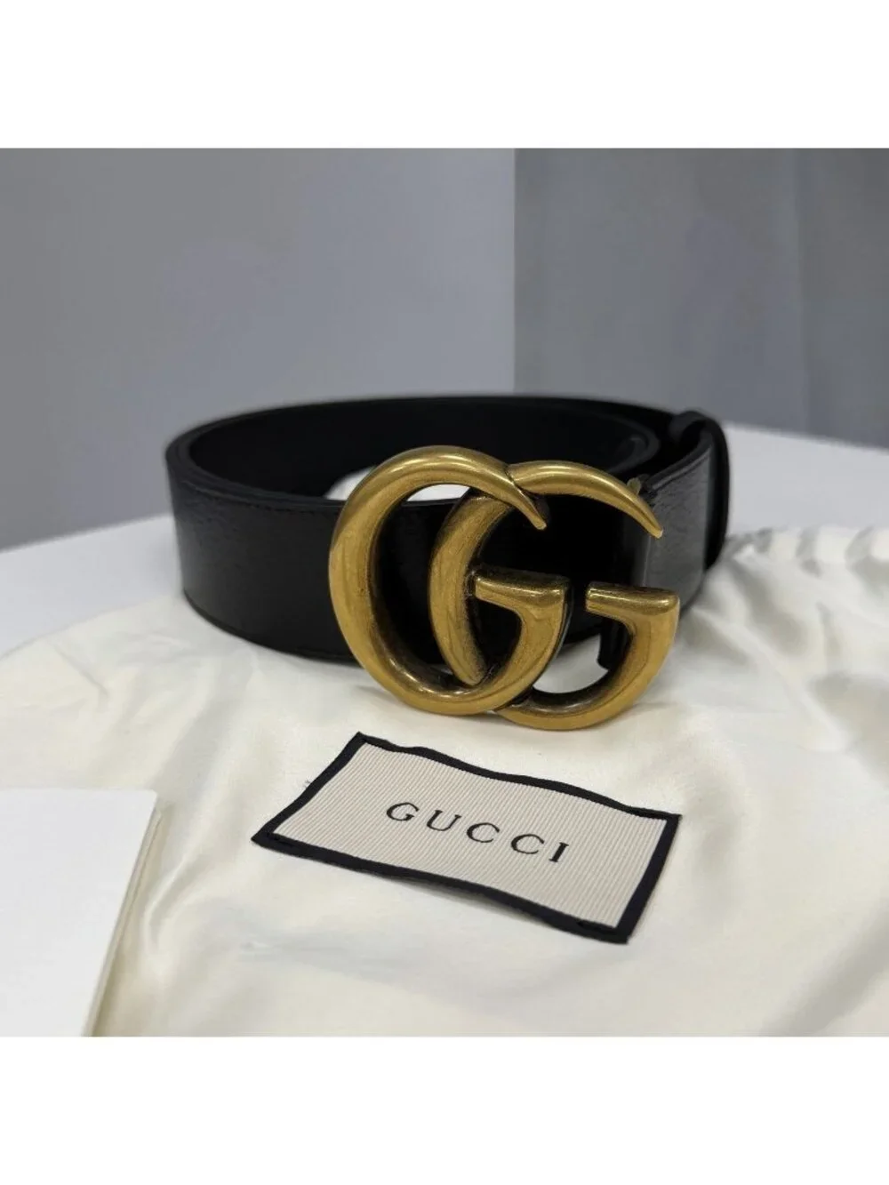Gucci GG Marmont 1.5” Wide Textured Leather Belt 85/34 Black/Gold 406831 NEW